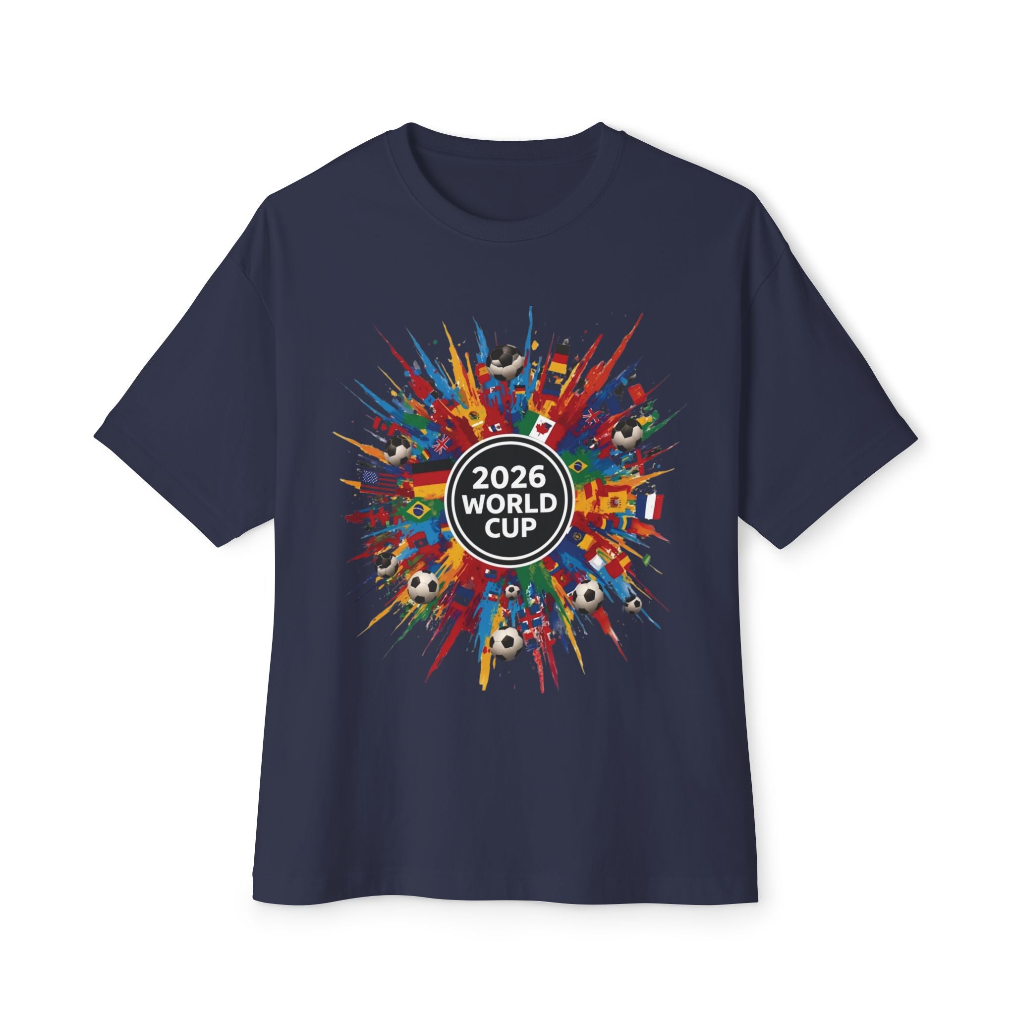 2026 World Cup Soccer Tee — Colorful International Flags & Balls Design