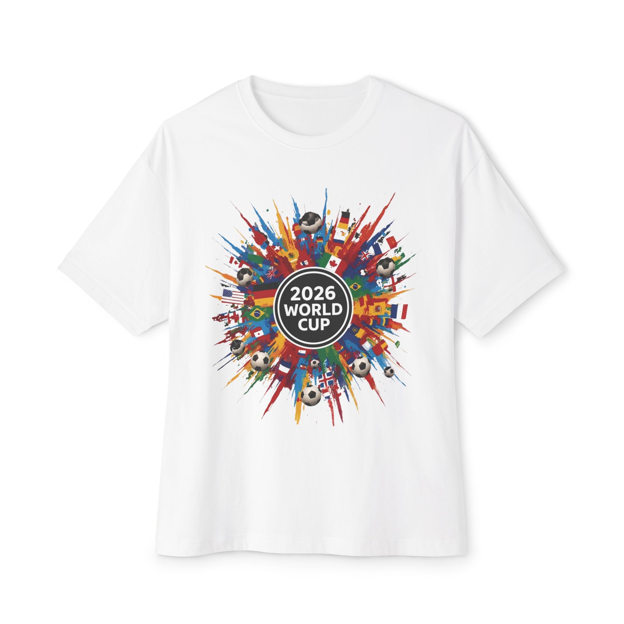 2026 World Cup Soccer Tee — Colorful International Flags & Balls Design