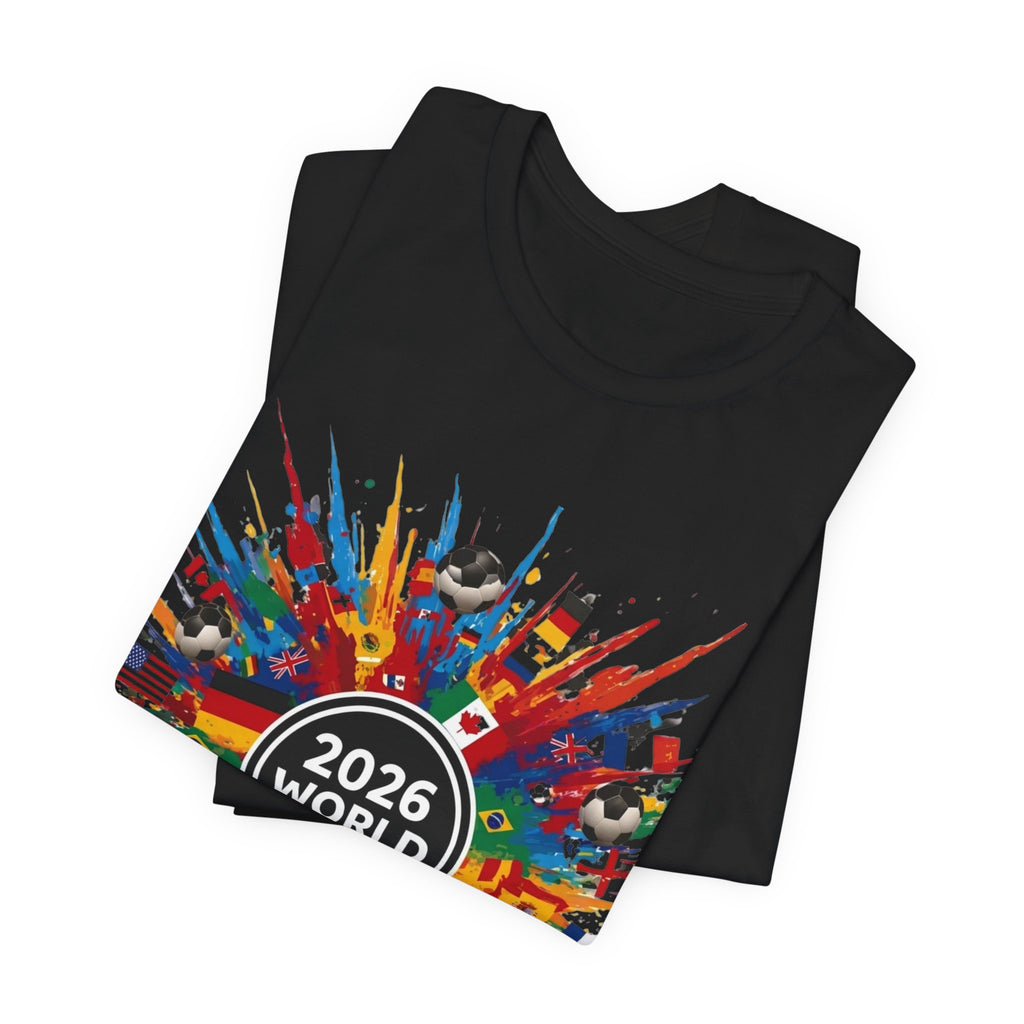 2026 World Cup Soccer T-Shirt — Colorful Flags & Soccer Ball Burst Graphic
