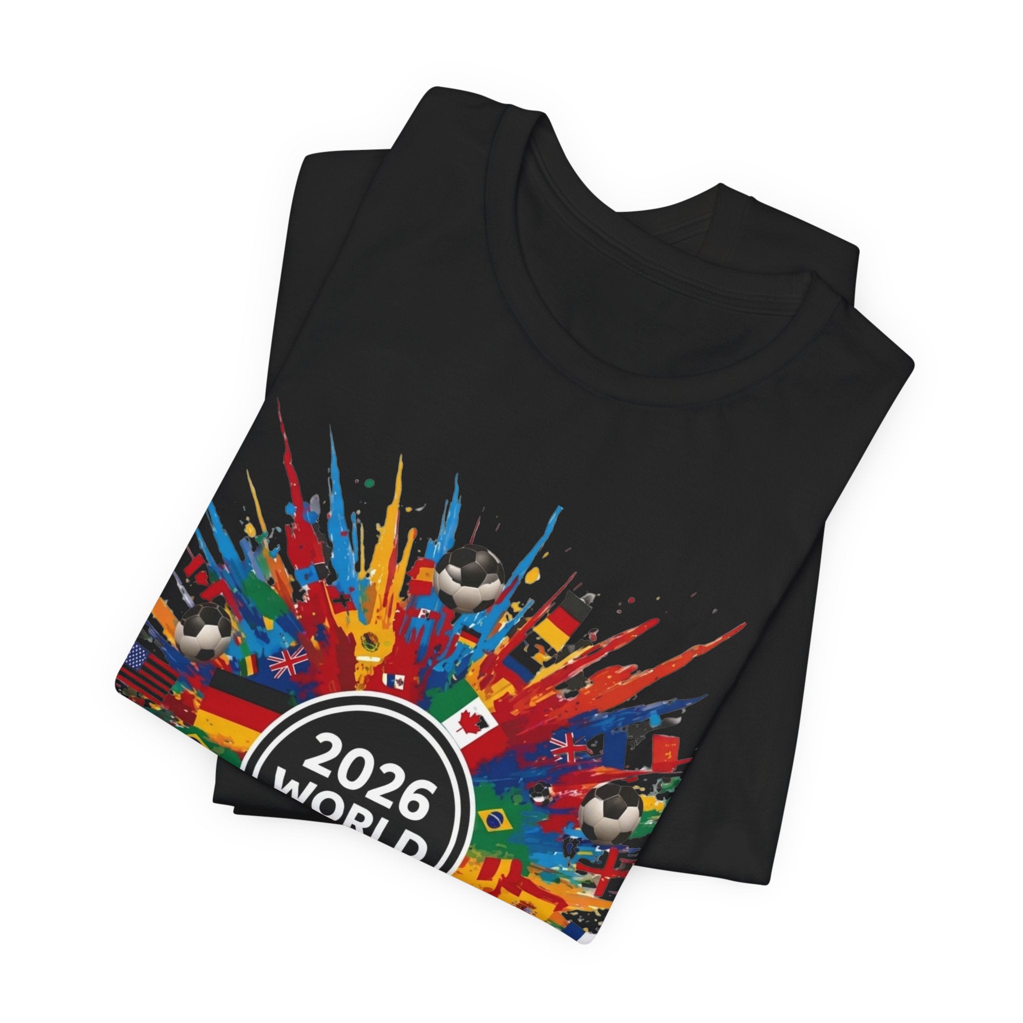 2026 World Cup Soccer T-Shirt — Colorful Flags & Soccer Ball Burst Graphic