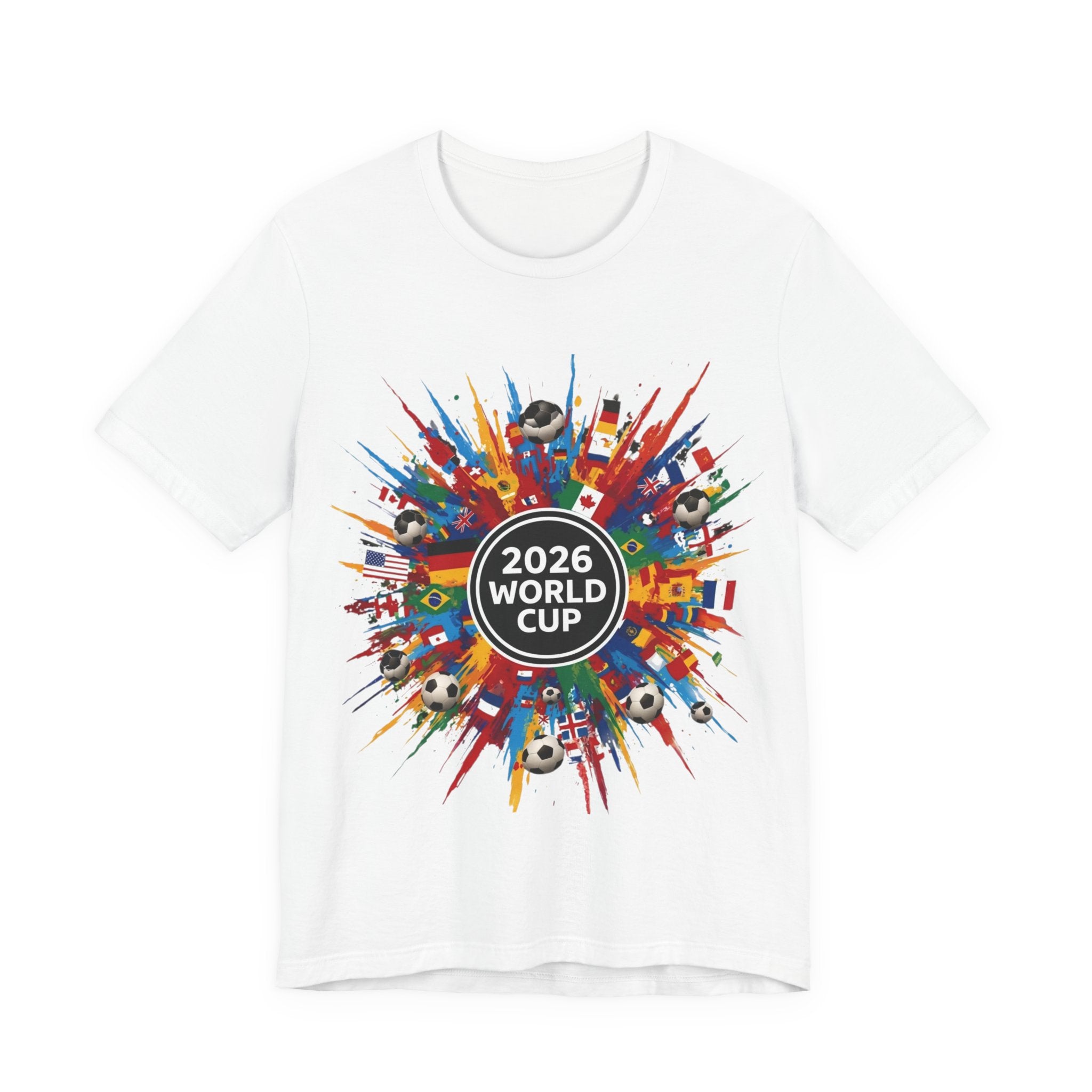 2026 World Cup Soccer T-Shirt — Colorful Flags & Soccer Ball Burst Graphic