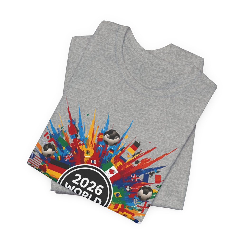2026 World Cup Soccer T-Shirt — Colorful Flags & Soccer Ball Burst Graphic