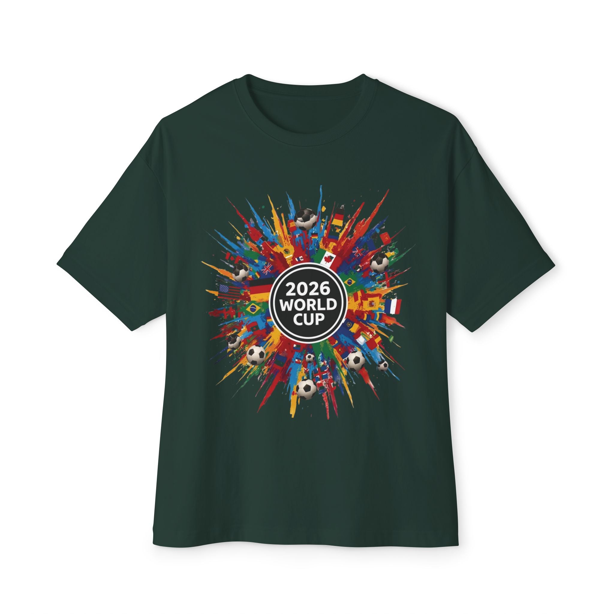 2026 World Cup Soccer Tee — Colorful International Flags & Balls Design