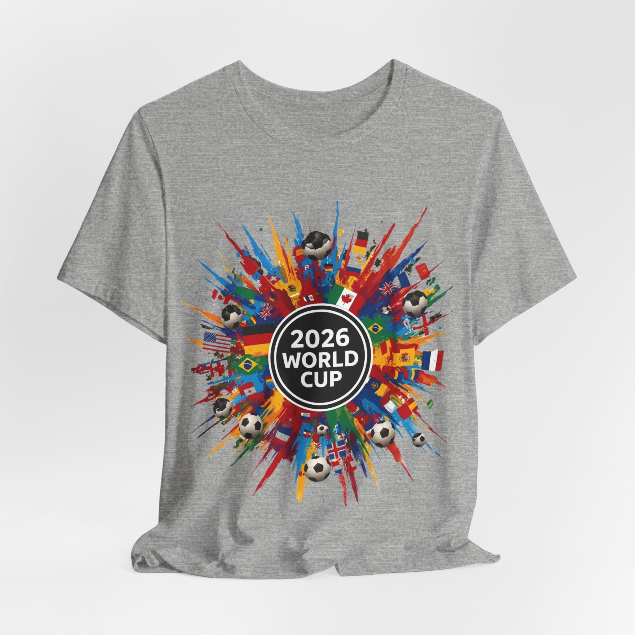 2026 World Cup Soccer T-Shirt — Colorful Flags & Soccer Ball Burst Graphic