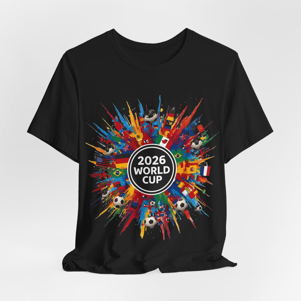 2026 World Cup Soccer T-Shirt — Colorful Flags & Soccer Ball Burst Graphic
