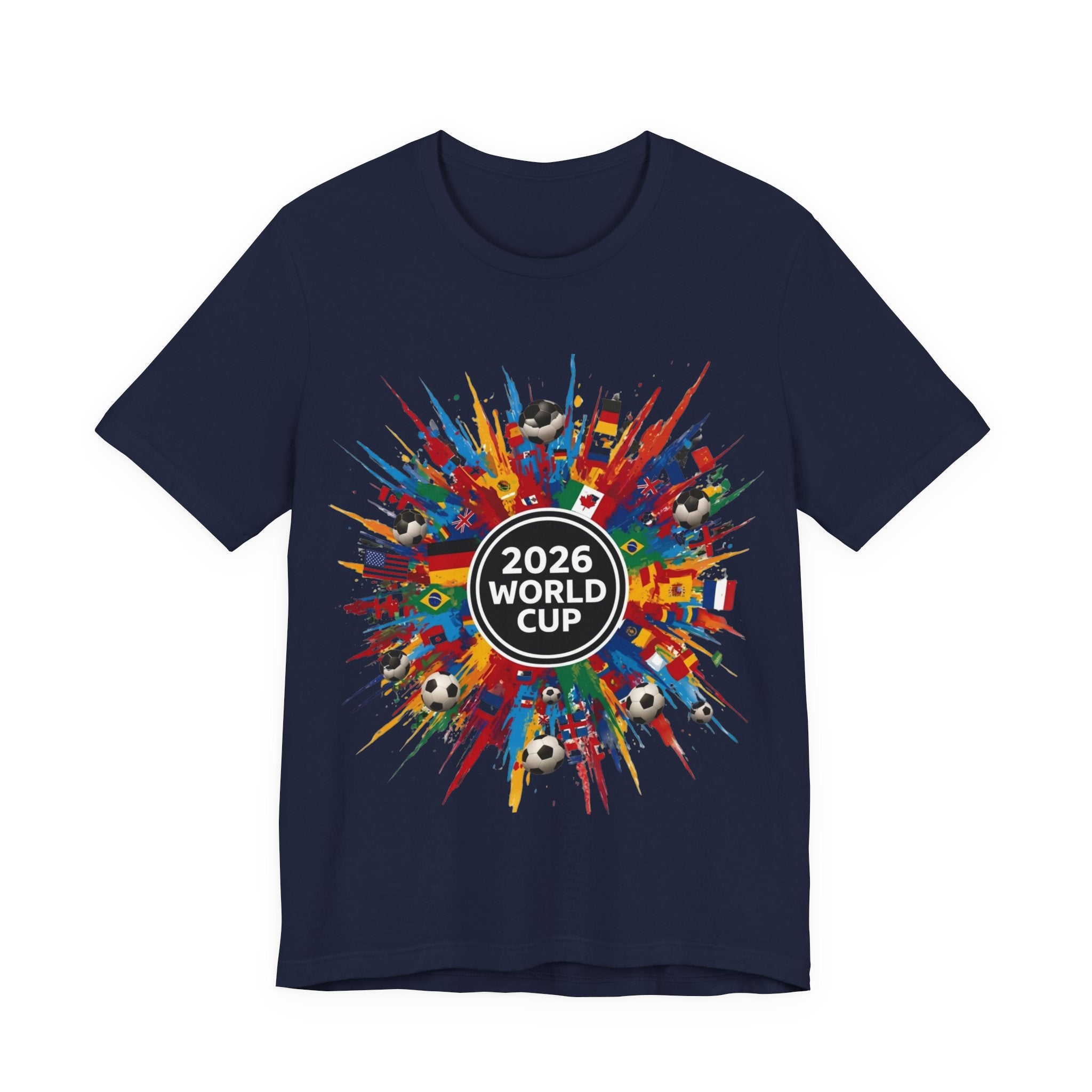 2026 World Cup Soccer T-Shirt — Colorful Flags & Soccer Ball Burst Graphic
