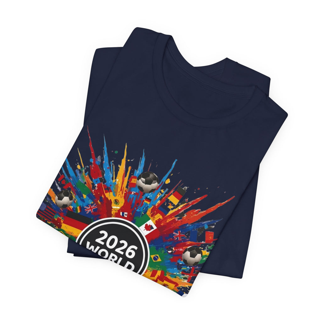 2026 World Cup Soccer T-Shirt — Colorful Flags & Soccer Ball Burst Graphic