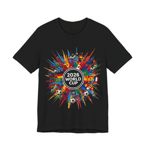 2026 World Cup Soccer T-Shirt — Colorful Flags & Soccer Ball Burst Graphic