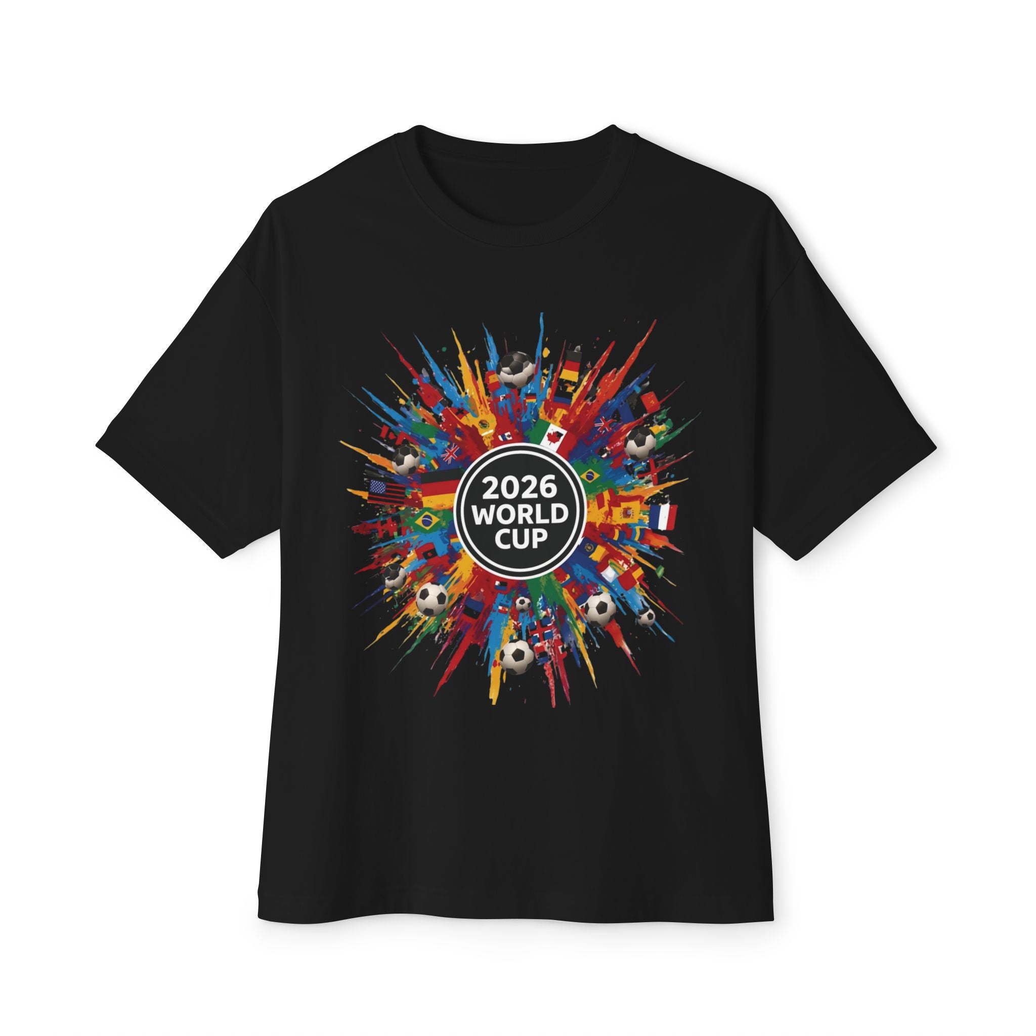 2026 World Cup Soccer Tee — Colorful International Flags & Balls Design