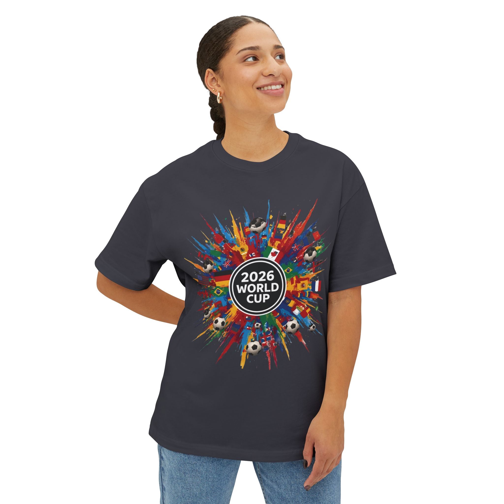 2026 World Cup Soccer Tee — Colorful International Flags & Balls Design