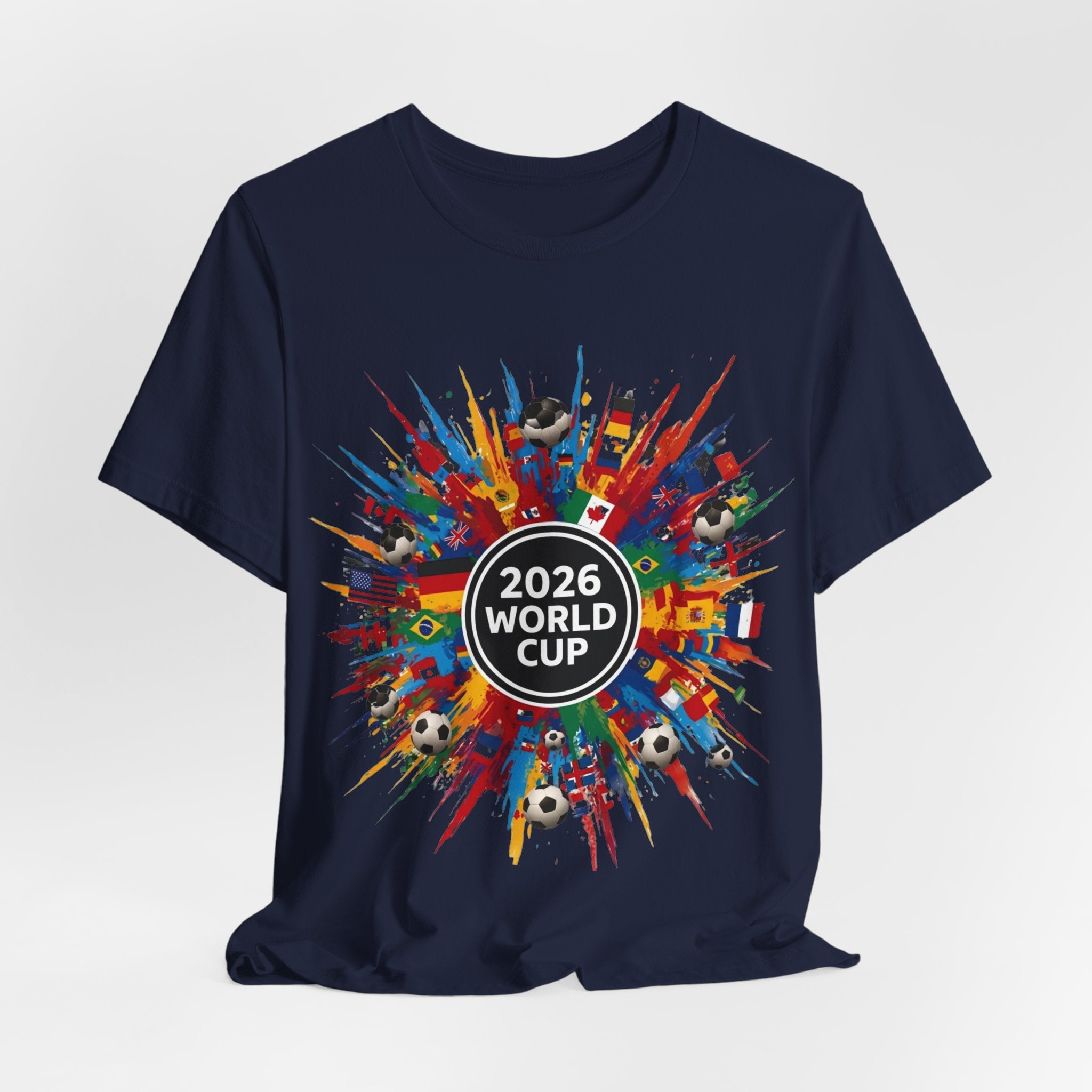 2026 World Cup Soccer T-Shirt — Colorful Flags & Soccer Ball Burst Graphic