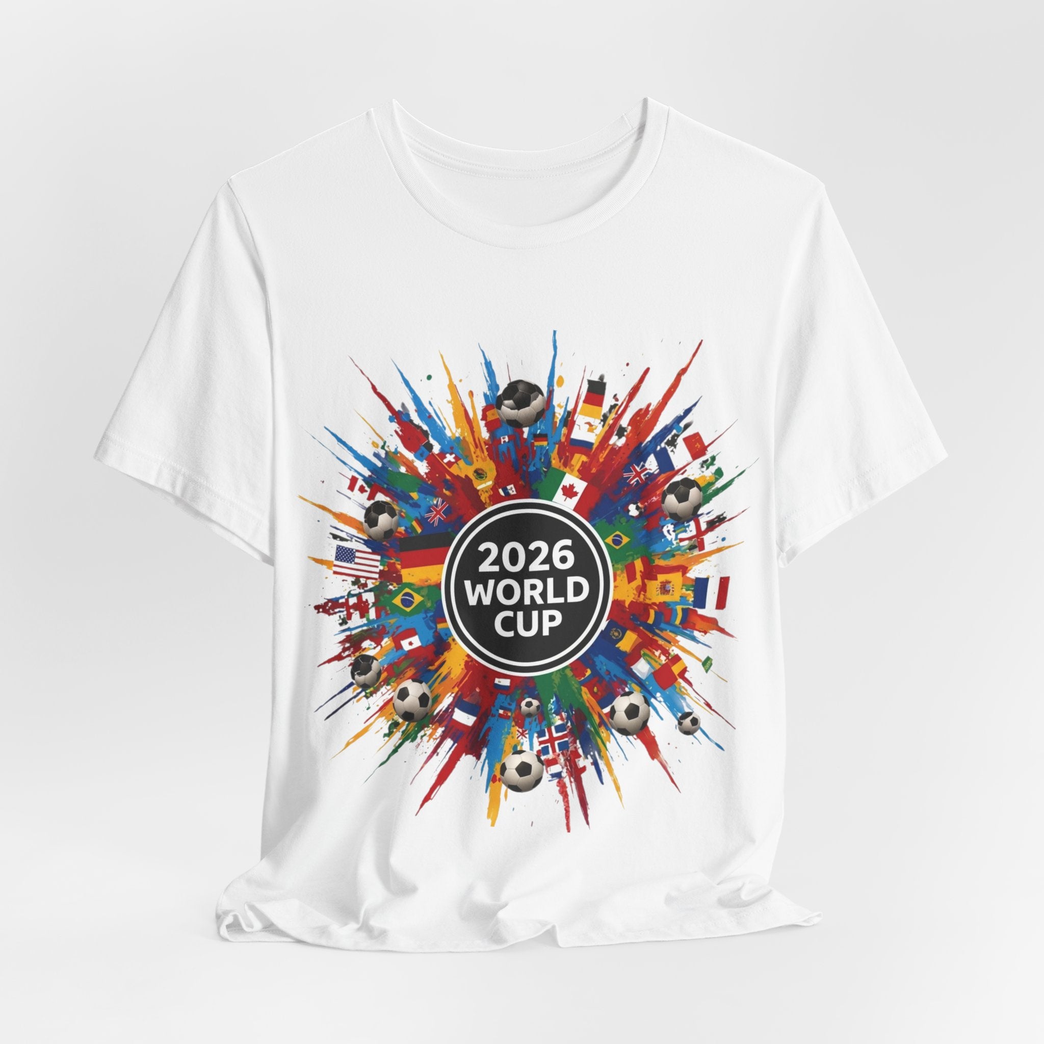2026 World Cup Soccer T-Shirt — Colorful Flags & Soccer Ball Burst Graphic