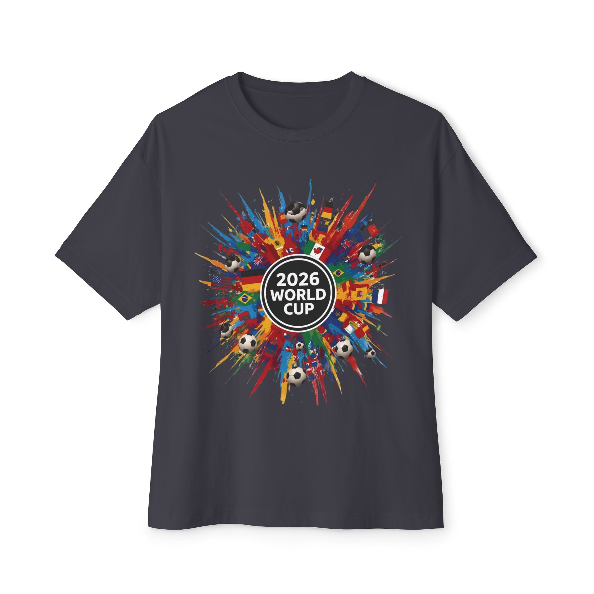 2026 World Cup Soccer Tee — Colorful International Flags & Balls Design