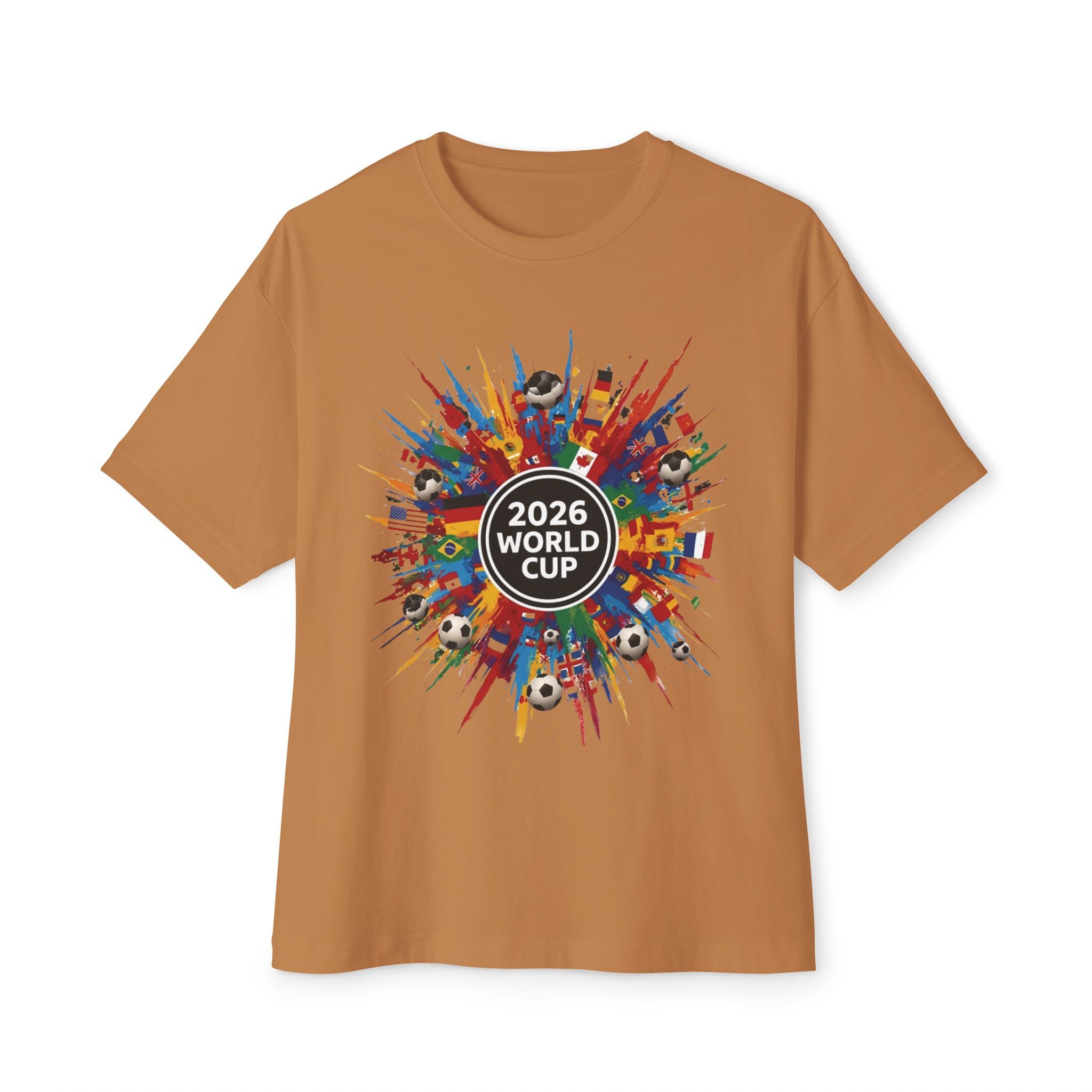 2026 World Cup Soccer Tee — Colorful International Flags & Balls Design